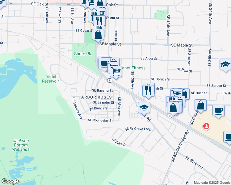 map of restaurants, bars, coffee shops, grocery stores, and more near 1276 Southeast Bacarra Street in Hillsboro