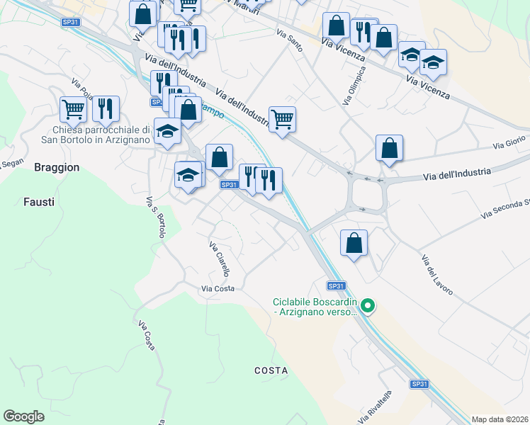 map of restaurants, bars, coffee shops, grocery stores, and more near 9 Via Friuli in Arzignano