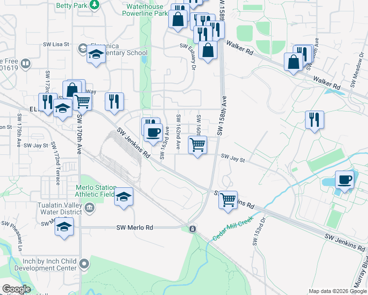 map of restaurants, bars, coffee shops, grocery stores, and more near 16115 SW Jay St in Beaverton