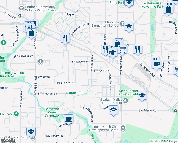 map of restaurants, bars, coffee shops, grocery stores, and more near 1353 Southwest 175th Avenue in Beaverton
