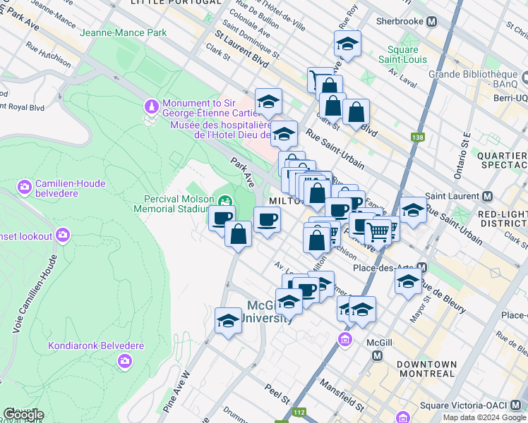 map of restaurants, bars, coffee shops, grocery stores, and more near 418 Avenue des Pins Ouest in Montréal