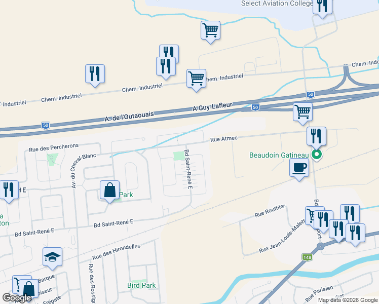 map of restaurants, bars, coffee shops, grocery stores, and more near 208 Rue Paul-Laframboise in Gatineau