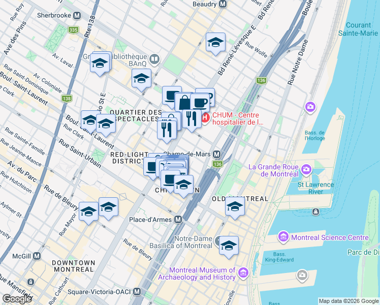 map of restaurants, bars, coffee shops, grocery stores, and more near 1051 Avenue de l'Hôtel de Ville in Montréal