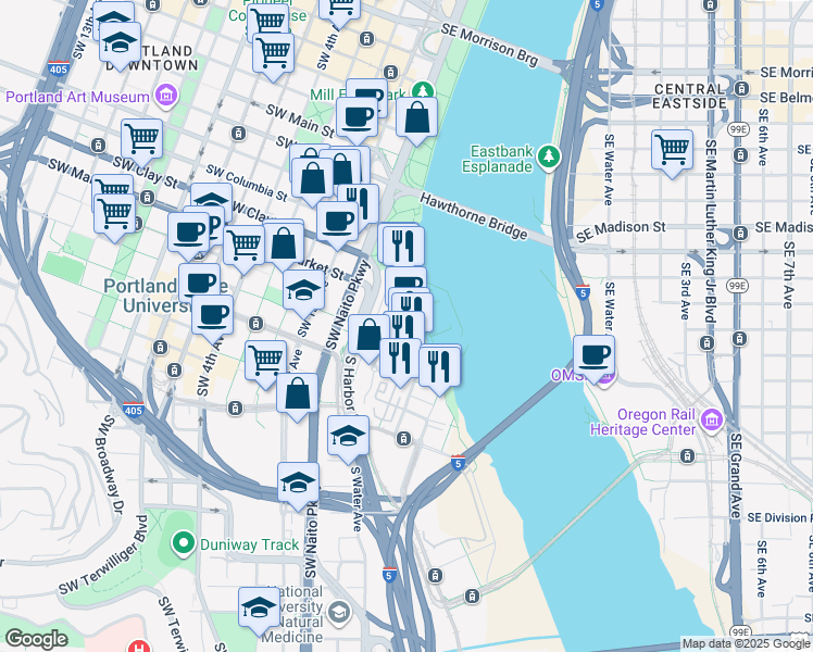 map of restaurants, bars, coffee shops, grocery stores, and more near 1750 South Harbor Drive in Portland