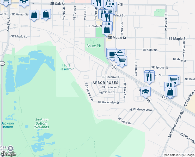 map of restaurants, bars, coffee shops, grocery stores, and more near 971 Southeast Tamango Street in Hillsboro