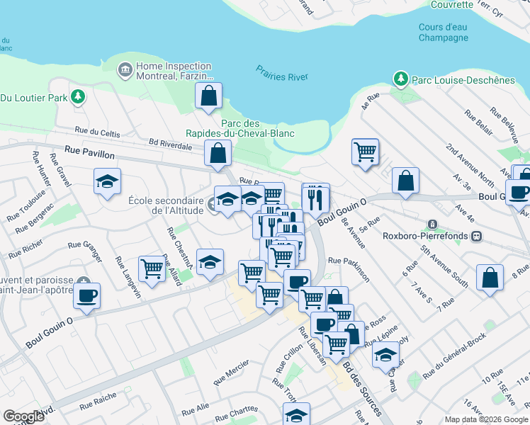 map of restaurants, bars, coffee shops, grocery stores, and more near 5025 Boulevard des Sources in Montréal