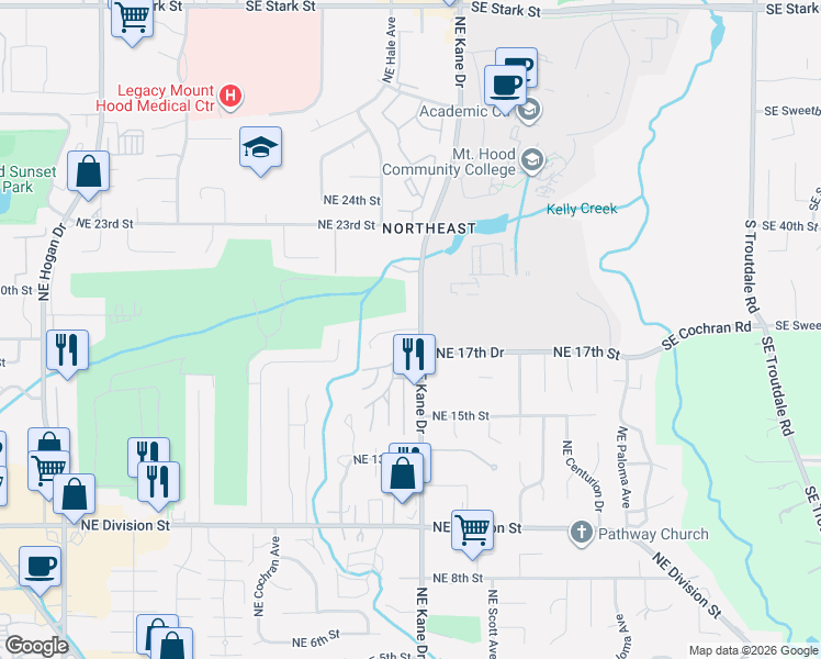 map of restaurants, bars, coffee shops, grocery stores, and more near 3155 Northeast 18th Court in Gresham