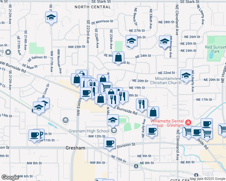 map of restaurants, bars, coffee shops, grocery stores, and more near 1825 Northeast Roberts Avenue in Gresham