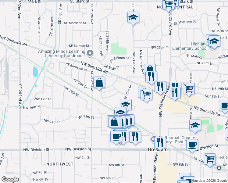 map of restaurants, bars, coffee shops, grocery stores, and more near 844 Northwest Council Drive in Gresham