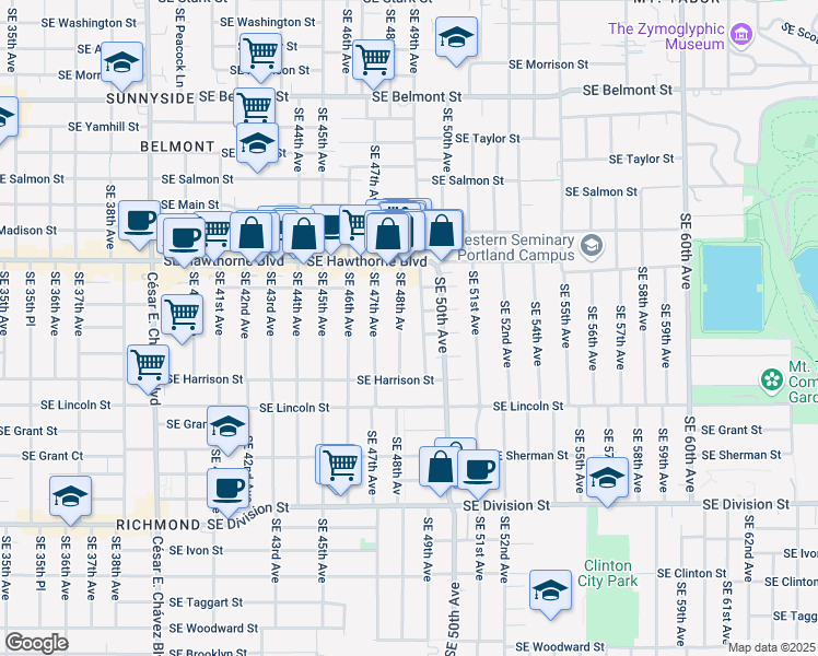 map of restaurants, bars, coffee shops, grocery stores, and more near 1802 Southeast 48th Avenue in Portland