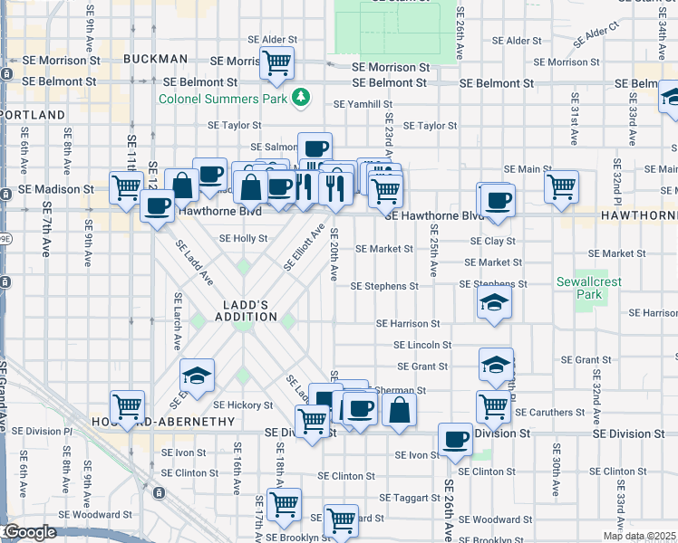 map of restaurants, bars, coffee shops, grocery stores, and more near 1825 Southeast 21st Avenue in Portland