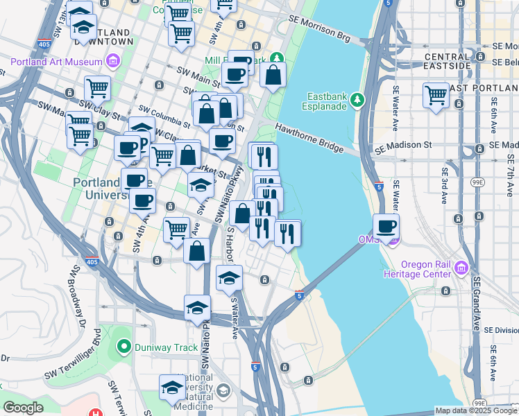 map of restaurants, bars, coffee shops, grocery stores, and more near 1750 South Harbor Drive in Portland