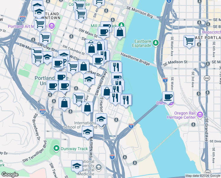 map of restaurants, bars, coffee shops, grocery stores, and more near 1750 South Harbor Drive in Portland