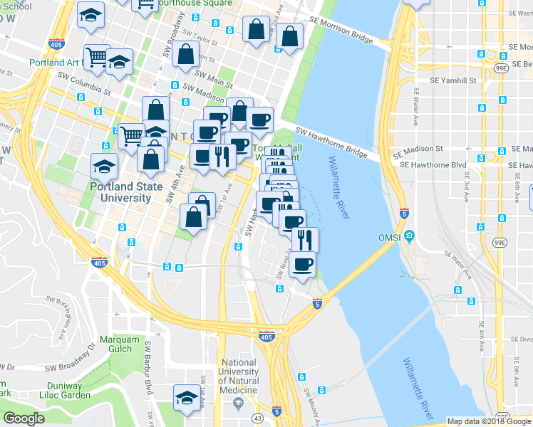 map of restaurants, bars, coffee shops, grocery stores, and more near 315 Southwest Montgomery Street in Portland