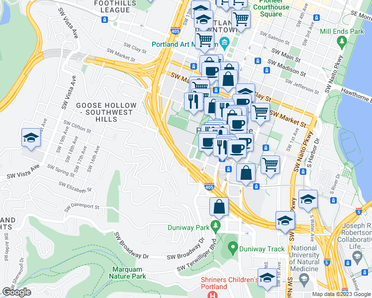 map of restaurants, bars, coffee shops, grocery stores, and more near 1949 Southwest Park Avenue in Portland