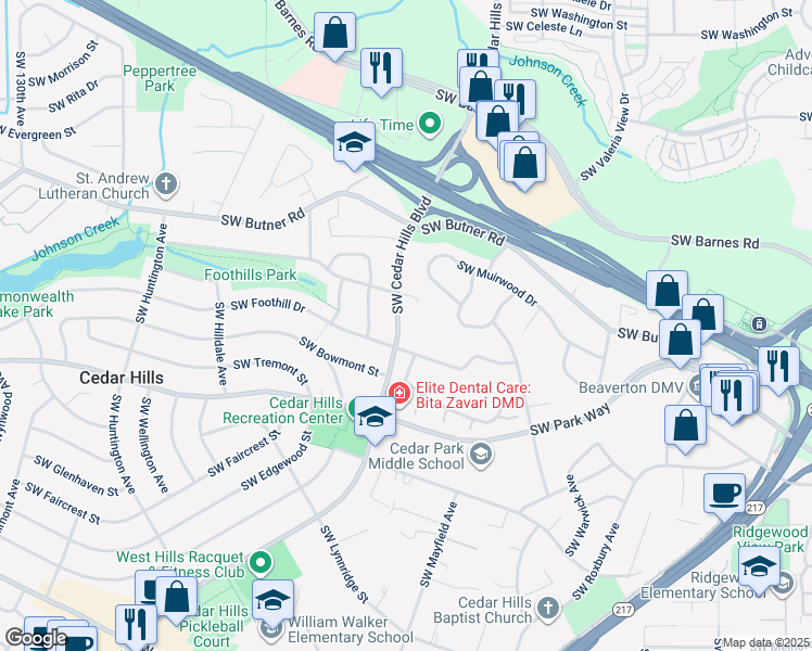 map of restaurants, bars, coffee shops, grocery stores, and more near 11467 Southwest Foothill Drive in Portland