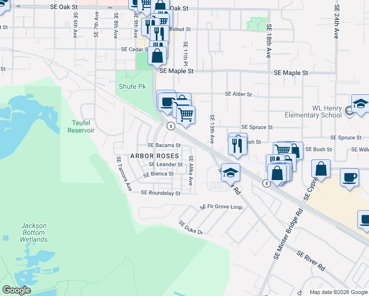 map of restaurants, bars, coffee shops, grocery stores, and more near 1038 Southeast Nazomi Avenue in Hillsboro