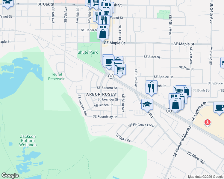 map of restaurants, bars, coffee shops, grocery stores, and more near 1157 Southeast Tamango Street in Hillsboro