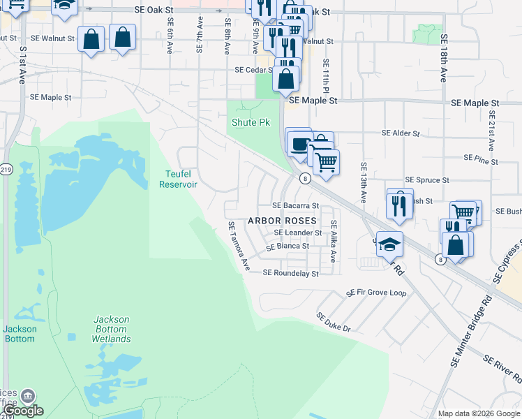 map of restaurants, bars, coffee shops, grocery stores, and more near 971 Southeast Tamango Street in Hillsboro