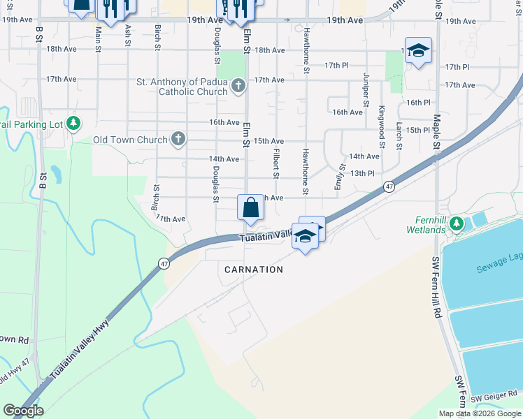 map of restaurants, bars, coffee shops, grocery stores, and more near 1105 Elm Street in Forest Grove