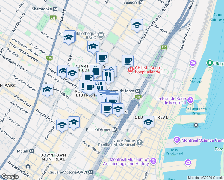 map of restaurants, bars, coffee shops, grocery stores, and more near 170 Boulevard René-Lévesque Ouest in Montréal
