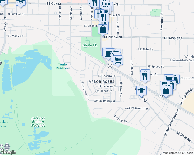 map of restaurants, bars, coffee shops, grocery stores, and more near 1052 Southeast Bacarra Street in Hillsboro