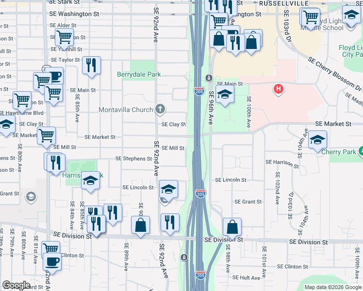 map of restaurants, bars, coffee shops, grocery stores, and more near 9323 Southeast Mill Street in Portland