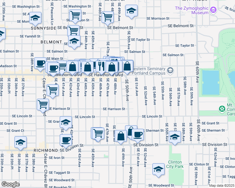 map of restaurants, bars, coffee shops, grocery stores, and more near 1802 Southeast 48th Avenue in Portland