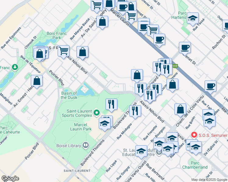 map of restaurants, bars, coffee shops, grocery stores, and more near in Montreal