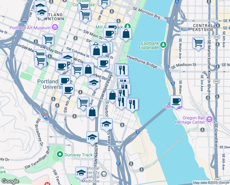 map of restaurants, bars, coffee shops, grocery stores, and more near 1750 South Harbor Drive in Portland