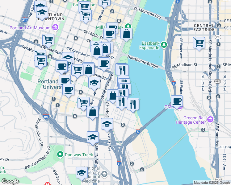 map of restaurants, bars, coffee shops, grocery stores, and more near 1730 South Harbor Way in Portland