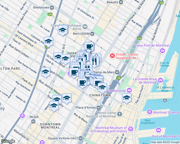map of restaurants, bars, coffee shops, grocery stores, and more near 98 Rue Charlotte in Montréal