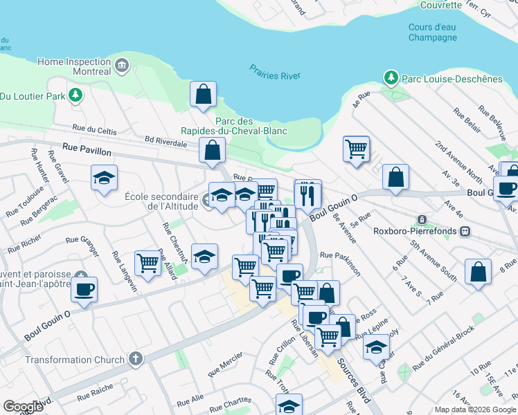 map of restaurants, bars, coffee shops, grocery stores, and more near 5055 Sources Boulevard in Montrã©Al