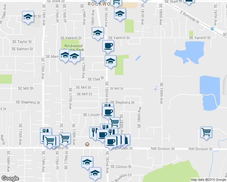 map of restaurants, bars, coffee shops, grocery stores, and more near 18242 SE Mill St in Portland