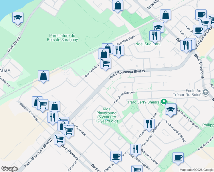 map of restaurants, bars, coffee shops, grocery stores, and more near 6800 Boulevard Henri Bourassa Ouest in Montréal