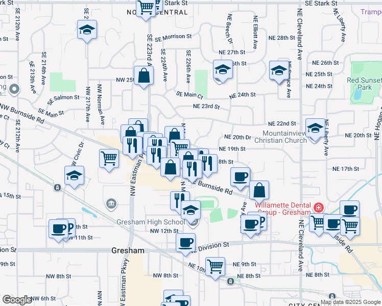 map of restaurants, bars, coffee shops, grocery stores, and more near 1825 Northeast Roberts Avenue in Gresham