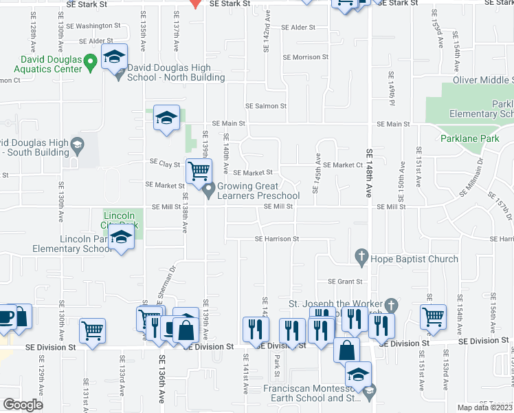 map of restaurants, bars, coffee shops, grocery stores, and more near SE 142nd Ave in Portland
