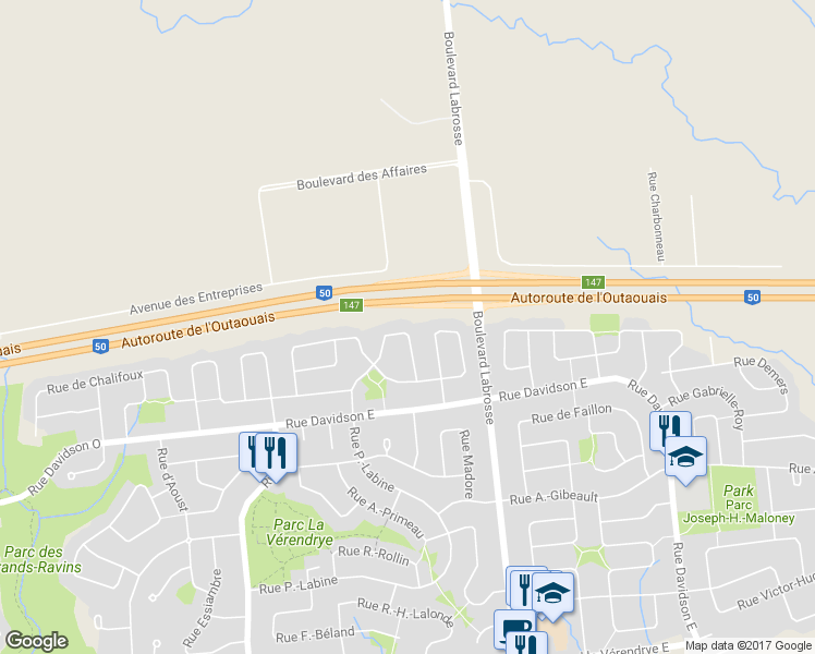 map of restaurants, bars, coffee shops, grocery stores, and more near 48 Rue de Mingan in Gatineau