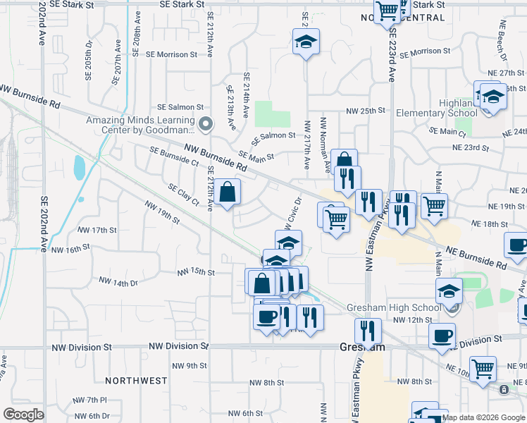 map of restaurants, bars, coffee shops, grocery stores, and more near 844 Northwest Council Drive in Gresham