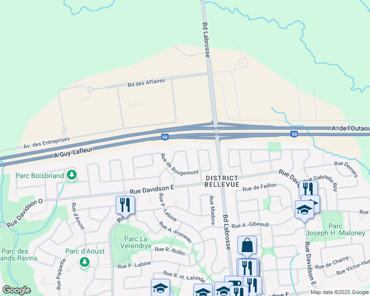 map of restaurants, bars, coffee shops, grocery stores, and more near 48 Rue de Mingan in Gatineau