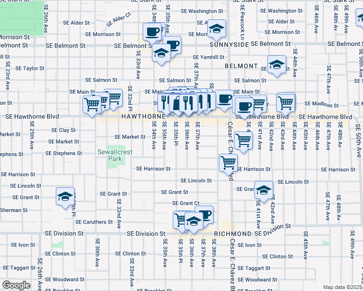 map of restaurants, bars, coffee shops, grocery stores, and more near 1730 Southeast 35th Place in Portland