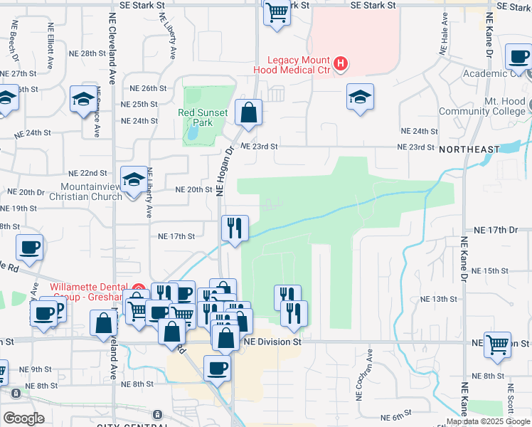 map of restaurants, bars, coffee shops, grocery stores, and more near 2018 Northeast 19th Street in Gresham
