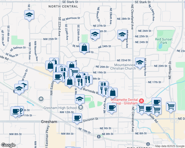 map of restaurants, bars, coffee shops, grocery stores, and more near 235 Northeast 18th Street in Gresham