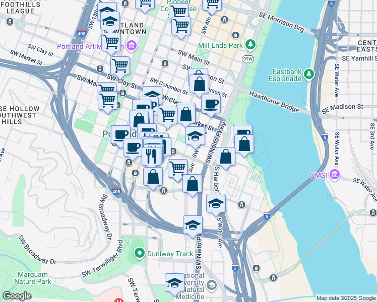 map of restaurants, bars, coffee shops, grocery stores, and more near 111 Southwest Harrison Street in Portland