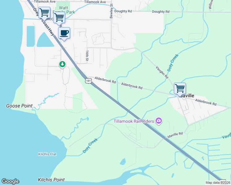 map of restaurants, bars, coffee shops, grocery stores, and more near 7705 Alderbrook Road in Tillamook
