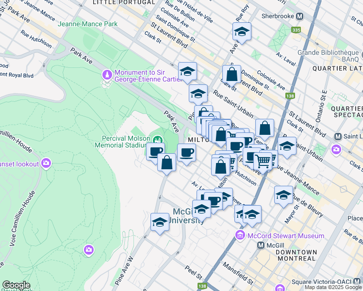 map of restaurants, bars, coffee shops, grocery stores, and more near 418 Avenue des Pins in Montréal