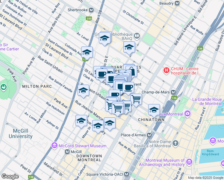 map of restaurants, bars, coffee shops, grocery stores, and more near in Montreal