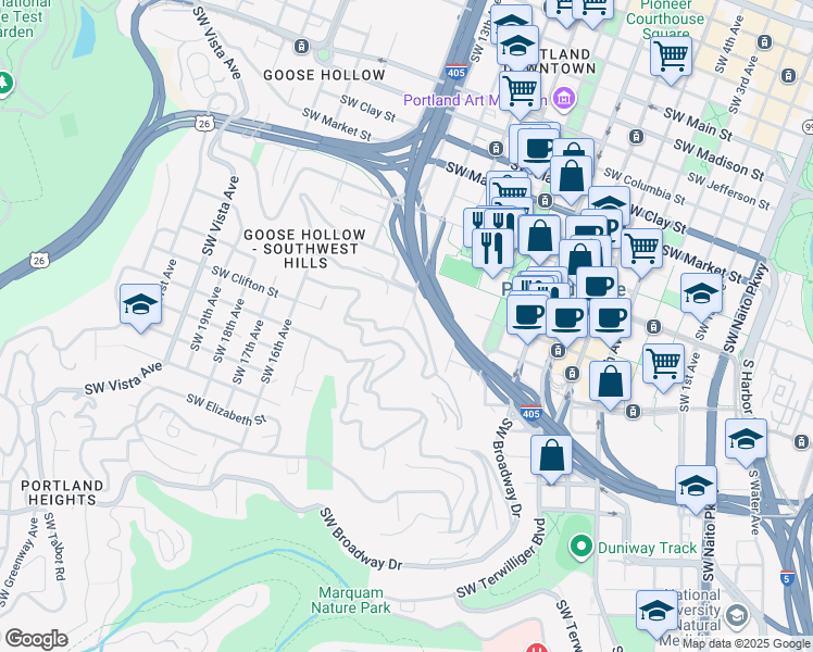 map of restaurants, bars, coffee shops, grocery stores, and more near 1295 Southwest Cardinell Drive in Portland