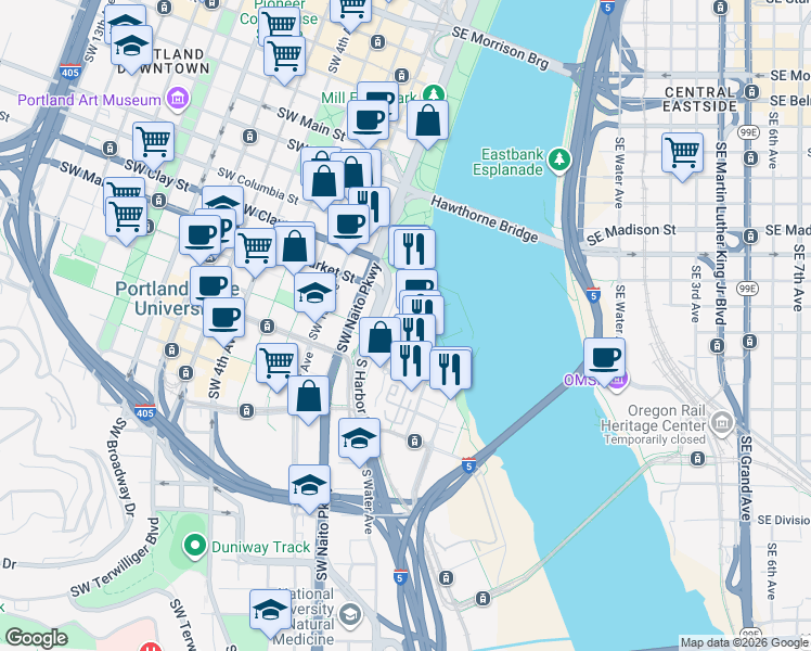 map of restaurants, bars, coffee shops, grocery stores, and more near 1750 South Harbor Drive in Portland