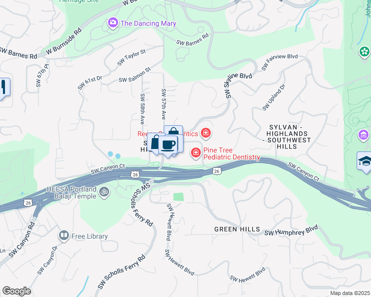 map of restaurants, bars, coffee shops, grocery stores, and more near 5440 Southwest Westgate Drive in Portland